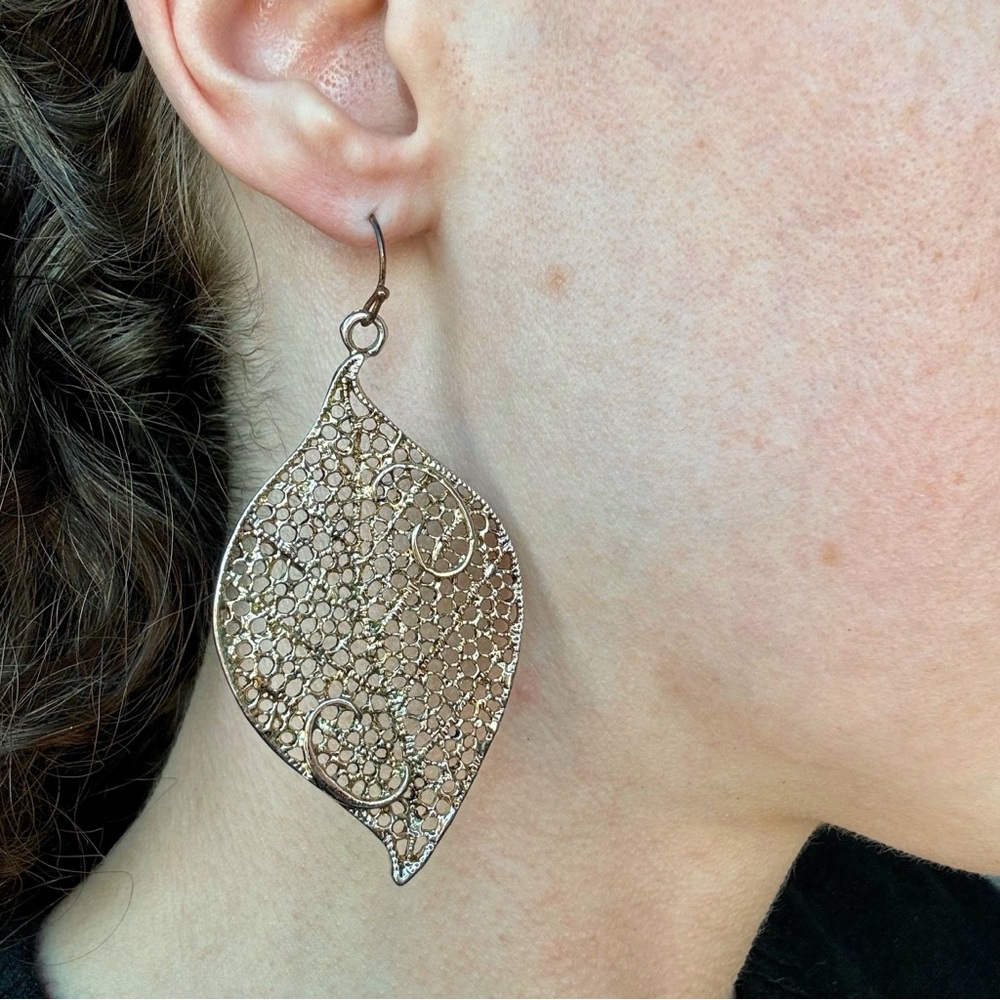 Antiqued Gold Filigree Leaf Earrings Boho Fairy Grunge Y2K Festival Whimsigoth